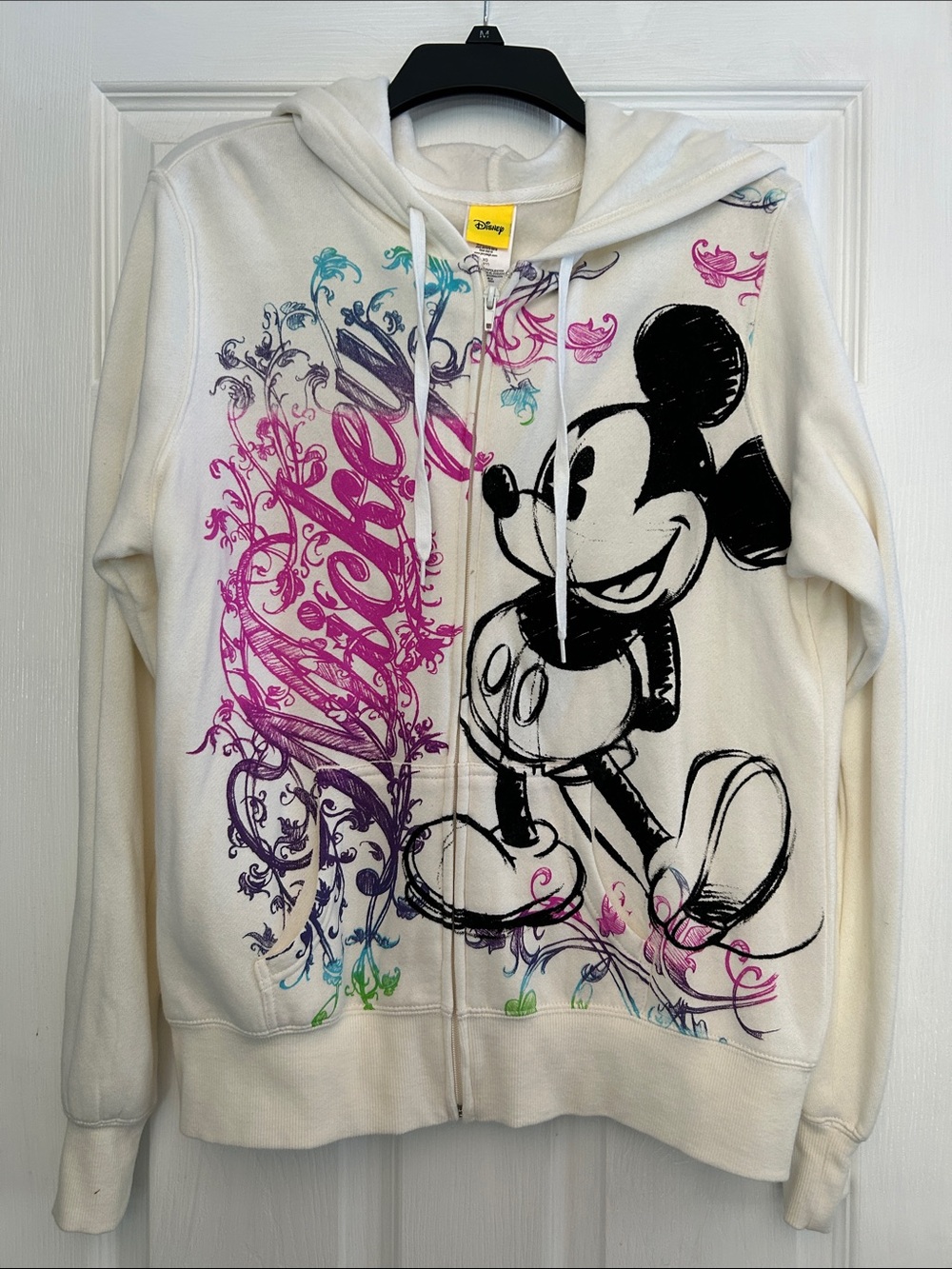 Disney White Hoodie with Black Mickey Mouse and Pink-Purple Swirl Art
